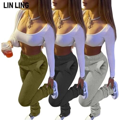 LINLING Street Style Gray Sweatpants for Women Stacked Leggings Casual Extra Long Stacked Pants Winter Thick Warm Trousers