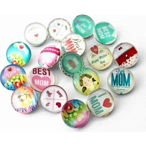 Hot Sale 18mm Mothers Day Gift Snap Button Print I love MOM Glass Snap Buttons Charms Fit DIY Snap Bracelet Jewelry Making
