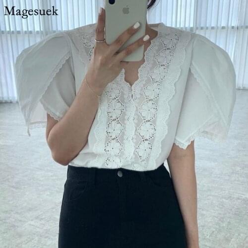 Vintage Embroidery Loose White Blouses Women Summer Tops Short Sleeve V Neck Woman Shirt Casual Korean Womens Clothing 13974