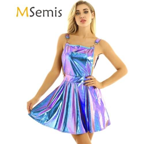 Women Shiny Metallic Holographic Dress Rave Festival Clothes Costumes Night Club Singer Dancewear Braces Mini Suspender Dresses