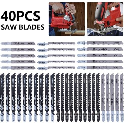 40 Pcs T-Shank Jigsaw Blades Metal Wood Assorted Blades Woodworking Jig Saw Blade Set for Wood Plastic Metal Cutting Saw Blades