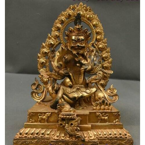 9" Old Tibet Buddhism Bronze Gilt Mammon God Red Jambhala Yab-Yum Buddha Statue