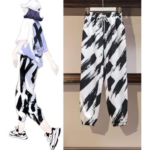 Baggy Harem Pants High Waist Drawstring Black White Print Thin Loose Casual Streetwear Womens Summer Capri Pants Free Shipping