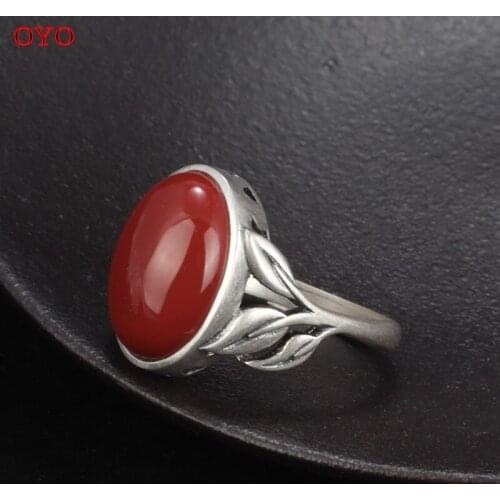 100% S925 sterling silver with round egg-shaped southern red agate ring female retro opening simple leaves