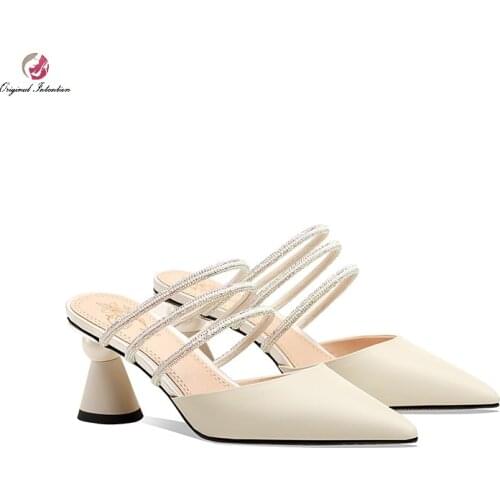 Fashion Women Slippers Pointed Toe Casual Ladies Outside Slides Bling Bling Rhinestone Chain Heels Summer Comfortable Lady Pumps