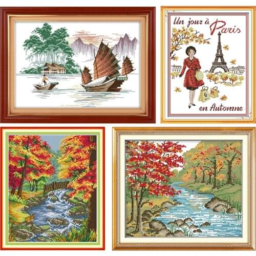 Joy Sunday Autumn scene series DIY cross stitch kit patterns printed 14CT counted DMC fabric Chinese needlework embroidery decor