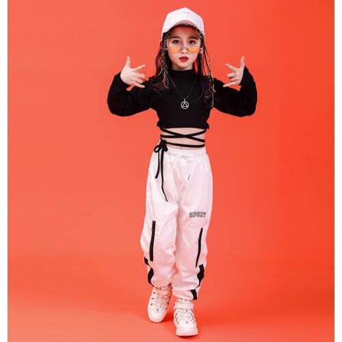 New Hip hop Clothes Girls Sets Suit Bare Waist Navel Long Sleeve T-shirt Cross Strap Black White Big Childrens Clothing Hip-hop