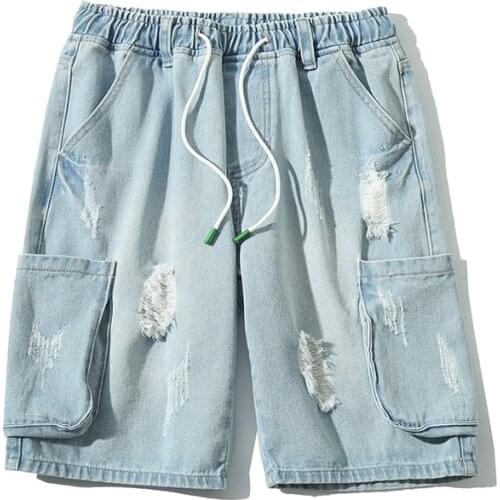 2021 New Streetwear Hip Hop Cargo Short Pants Men Baggy Short Jeans Mens Casual Denim Shorts Mens Fashion Trousers