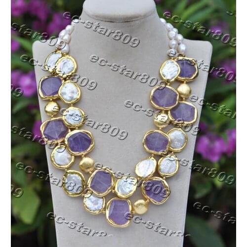 Z11426 2Row 20" 30mm Gold-plating Square Amethyst Coin White Pearl Necklace