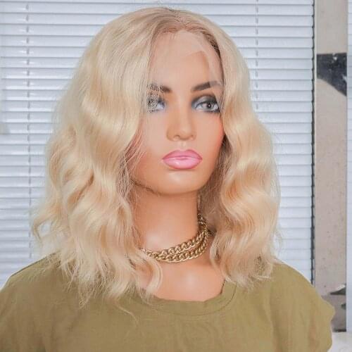 Body Wave Short Bob Synthetic Lace Wigs Ombre Brown Roots Blonde Middle Lace Part Wigs Heat Resistant Fiber Hair For Women