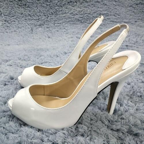 Sexy White Patent Pumps High Heel Popular Dress Party Women Pumps Summer New Peep Toe Sling Back Stiletto Fish Mouth 11cm Heels