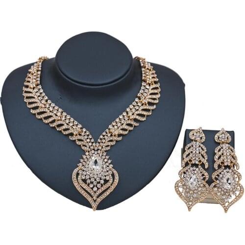 Luxury Rhinestone Bridal Wedding Jewelry Flower Design Women Party Statement Necklace Earrings Crystal Jewelry Sets