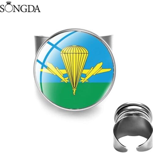 Vintage Russian Military Airborne Forces Rings USSR CCCP Art Photo Glass Cabochon Open Ring For Air Force Military Fans Gifts