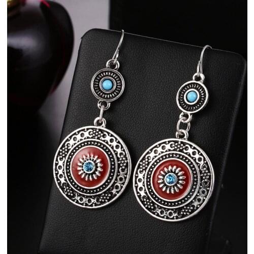 Vintage Rhinestone Inlaid Enamel Flower Long Ethnic Round Dangle Hook Earrings for Women antique silver fashion jewelry