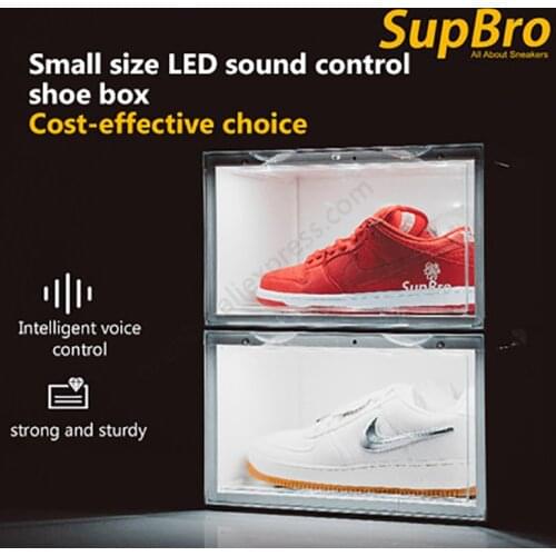 NEW SupBro Crate Small Size LED Voice Activated Light Emitting Collection Shoes Box Side Opening Sneaker Storage Box Shoe Wall