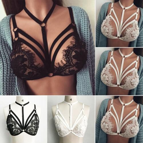 Lace Floral Bra Porno Sexy Women Bandage Hollow Halter Bralette Lined No Pad Crop Tops Choker Bras