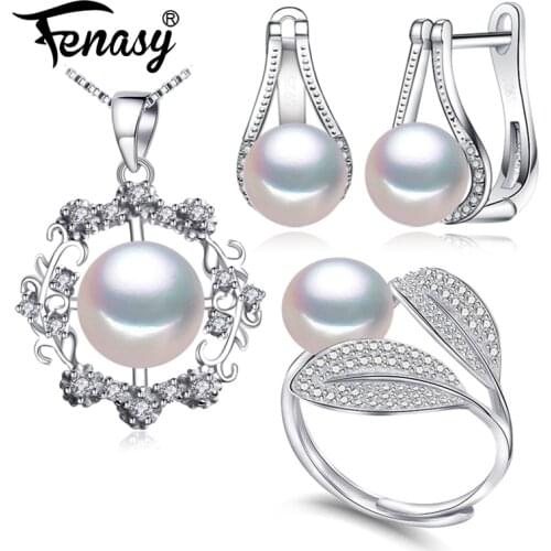 FENASY 925 Sterling Silver Pendant Necklace Natural Pearl Jewelry Sets For Women Bohemian Stud Earrings With Stones Party Rings