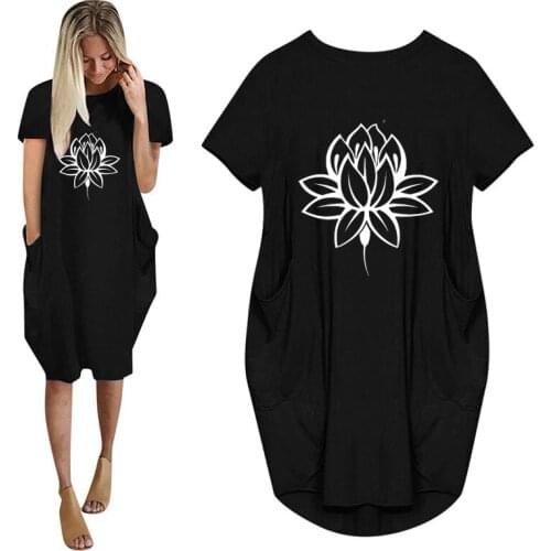 DAWASARU Lotus Flower Buddhism Buddha Meditation Print Women Casual Loose Dress With Pocket Ladies O Neck Long Tops Female Dress