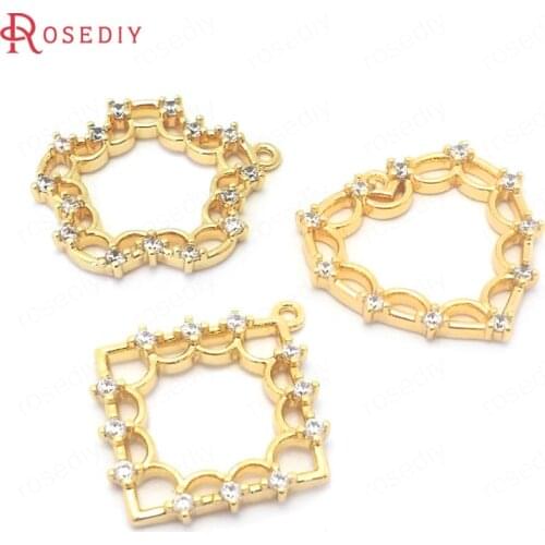 6PCS 24K Gold Color Brass and Zircon Flower Heart Square Shape Charms Pendants Jewelry Making Supplies Diy Findings Accessories