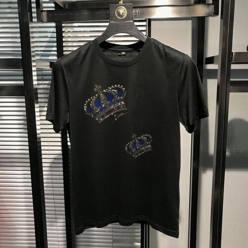 Shiny Crown Mens Short Sleeve Round Neck Fashion T-Shirt Hot Rhinestone Cartoon Design Top