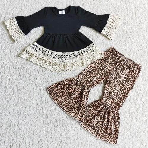 RTS Children`s Clothing Boutique Baby Clothing Girls Tunic Flowers Bell Bottom Outfits Lace Leopard Fashion Kids Clothing Sets