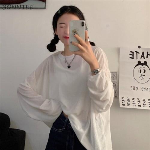 Long Sleeve T-shirts Women Loose Design Fashion Casual Daily All-match Leisure See Through Thin Summer Ladies Sun-proof Classic