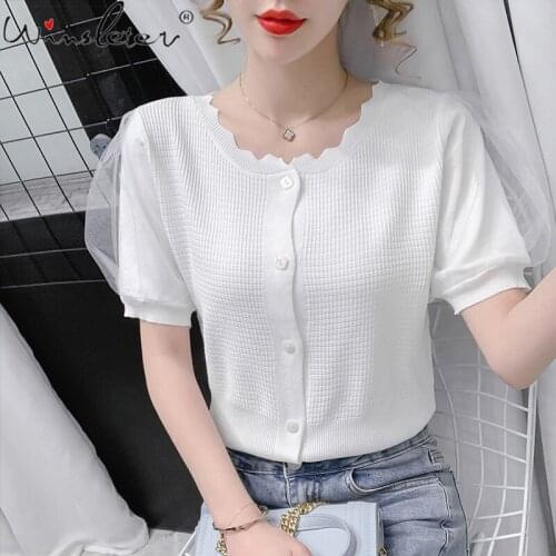 Summer White T-shirt Women Knitwear Solid Mesh Puff Sleeve Buttons Tees Tops For Women Girls Stretchy Knitted T16105A