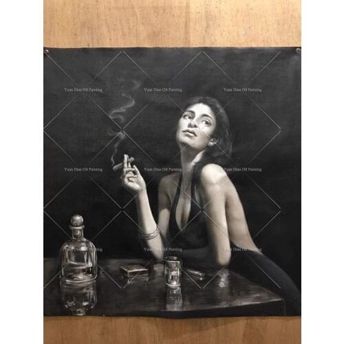Hot Sell Black And White Cigar Portrait Picture Sexy Lady Oil Painting On Canva 100% Handmade Portrait Painting For Cigar Room