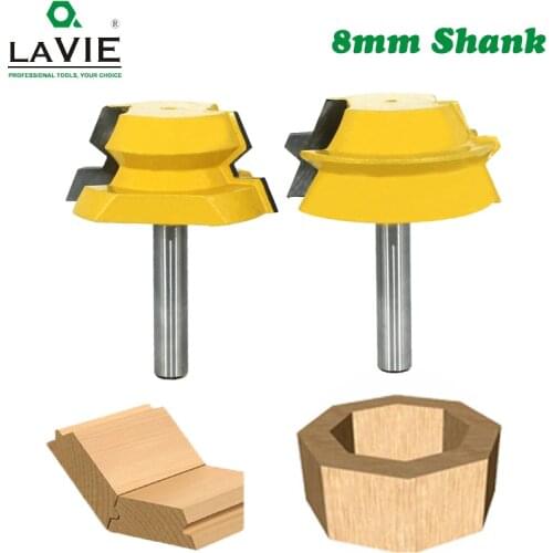 LAVIE 2pcs 8mm Shank Lock Miter Tenon Router Bits 22.5 Degree Glue Joinery Milling Cutter Set for Wood Woodwork Cutter MC02065