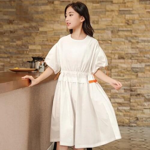 Summer Midi Dresses for Girls Drawstring Waist White Dress Kids Teenager Solid Color Party Women Dresses Family Matching Clothes