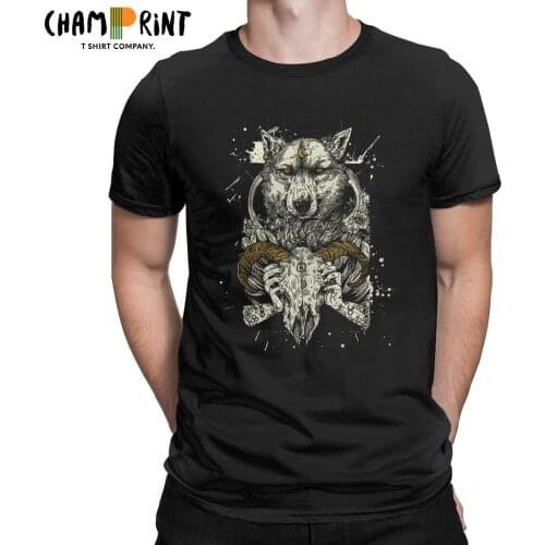 Mens T-Shirt Wolf Witchcraft Novelty Pure Cotton Tees Short Sleeve T Shirts Crewneck Clothing Big Size
