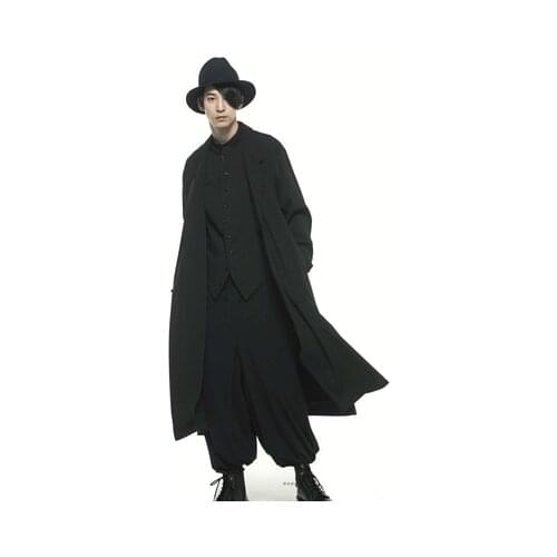 New Autumn Winter yamamoto-style dark long trench coat with adjustable chamfered buttonhole blended coat