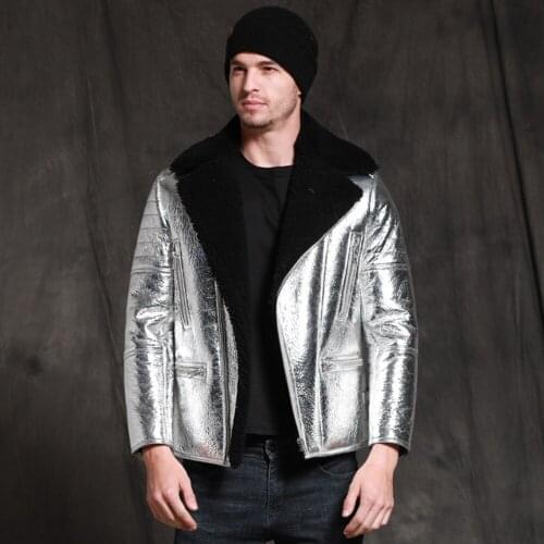2019 New Mens Silver B3 Shearling Jacket Sheepskin Coat Short Leather Jacket Fashion Mens Winter Coats Fur Jacket