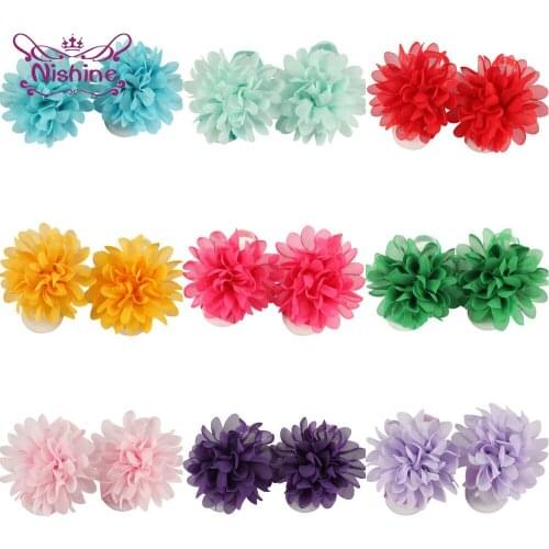 Nishine Solid Color Chiffon Floral Baby Girls Barefoots Sandals Infant Elastic Band with Foot Flowers Newborn Photography Props