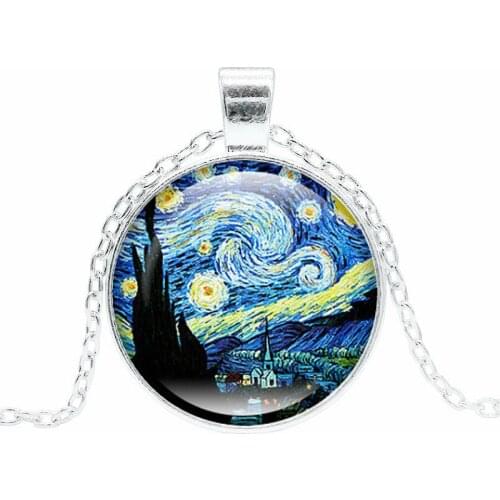 XUSHUI XJ Van Gogh Starry Night Glass Cabochon Pendant Necklace Women Fashion Classic Jewelry Chain Necklace Moon Stars