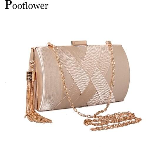 Pooflower Ladies Elegant Silk Weave Tassel Evening Bags Bride Solid Clutches Women Party Wedding Purse Chains Handbag ZH246