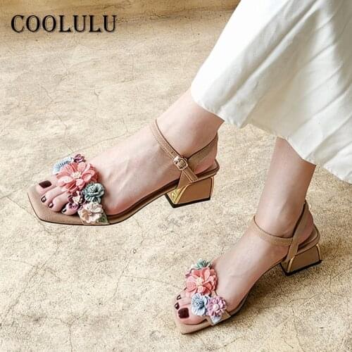 COOLULU Real Leather Square Toe Sandals Women Shoes Kid Suede Med Heels Flower Block Heel Sandals Buckle Ladies Footwear Blue 42