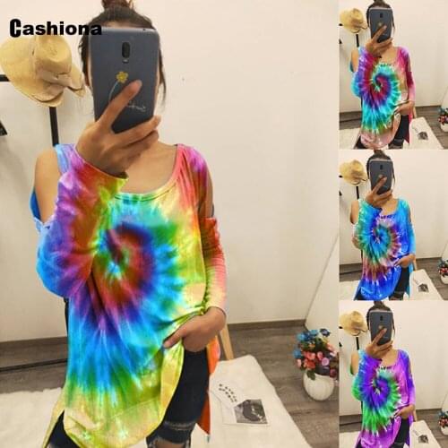 Cashiona 2020 Plus Size 5xl Women Boho Long T-shirt Blockcolor Tie Dry Print Loose Female Tops Summer Loose Tees Casual Shirts