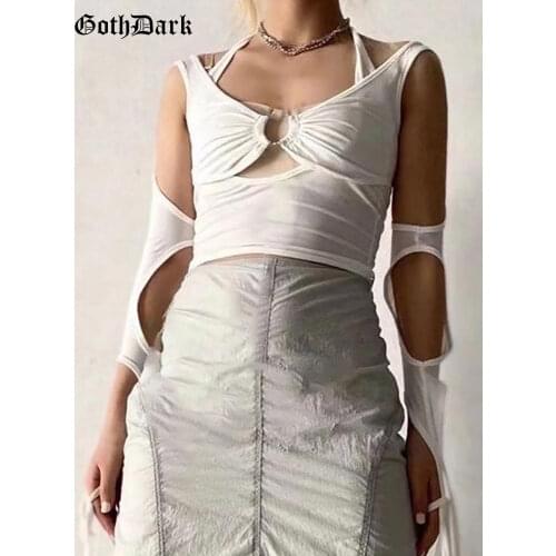 Goth Dark Punk Techwear Women Summer T-shirts Sexy Cut Out Grunge Y2k Black Crop Tops Bandage Patchwork Streetwear Halter Tees