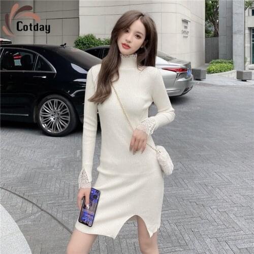 Cotday Turtleneck Korean Style Retro Women Wild Split Lace Bag Hip Mini Knit Shirt Dress Clothing Sweater Femme