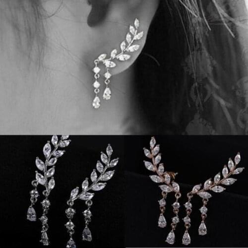 Shiny Rhinestone Stud Earrings Inlaid Leaves Shape Tassel Ear Stud Women Earring Jewelry Gift kolczyki серьги женские