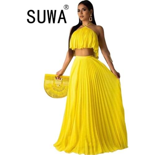 Summer Chiffon Two Piece Long Dress Women Elegant 2 Piece Set Crop Top and Skirt Set Sexy Sleeveless Beach Party Outfit