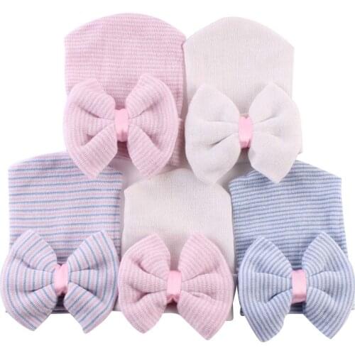 0-3 Months Hospital Newborn Baby Hats Cotton Beanie With Bow Soft Knit Striped Caps Toddlers Bebe Photography Hats