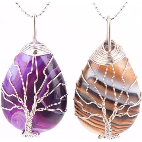 2019 Gold Color Tree of Life Wire Wrap Water Drop Necklace & Pendant Reiki Natural Gem Stone Purple Blue Veins Onyx Jewelry D329