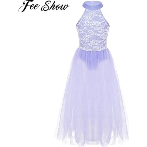 Kids Girls Backless Floral Lace Ballet Dance Tutu Dress stage competition performance Costume Gymnastics Leotard Long Dress