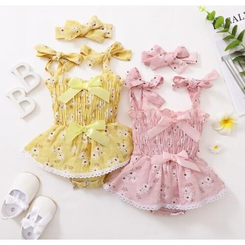 Baby Floral Print Clothes Set Simple Girls Small Floral Sleeveless Jumpsuit + Bow-knot Headband for Summer 0-18M Baby Girl