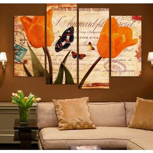 Oil Painting Wall Art Canvas Painting Tulips and The butterfly Picture Living Room Home Decoration Print On Canvas(No Frame) Art