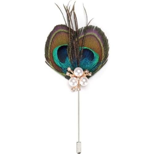 Korean Peacock Feather Long Neddle Pins Brooches Pearl Crystal Lapel Pin Wedding Corsage Mens Suit Fashion Jewelry Brooch Gifts