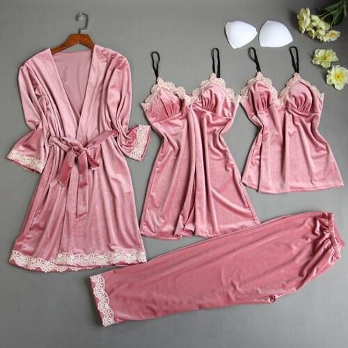 Lace Gold Velvet Four-piece Home Service New Simple and Fashionable Suspender Nightdress Nightgown with Chest Pad Ladies Pajamas