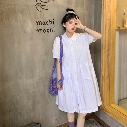 The New 2021 Korean Version of The Loose and Thin Shirt Skirt White Sweet Dress New Lapel Pocket Baby Shirt Dress